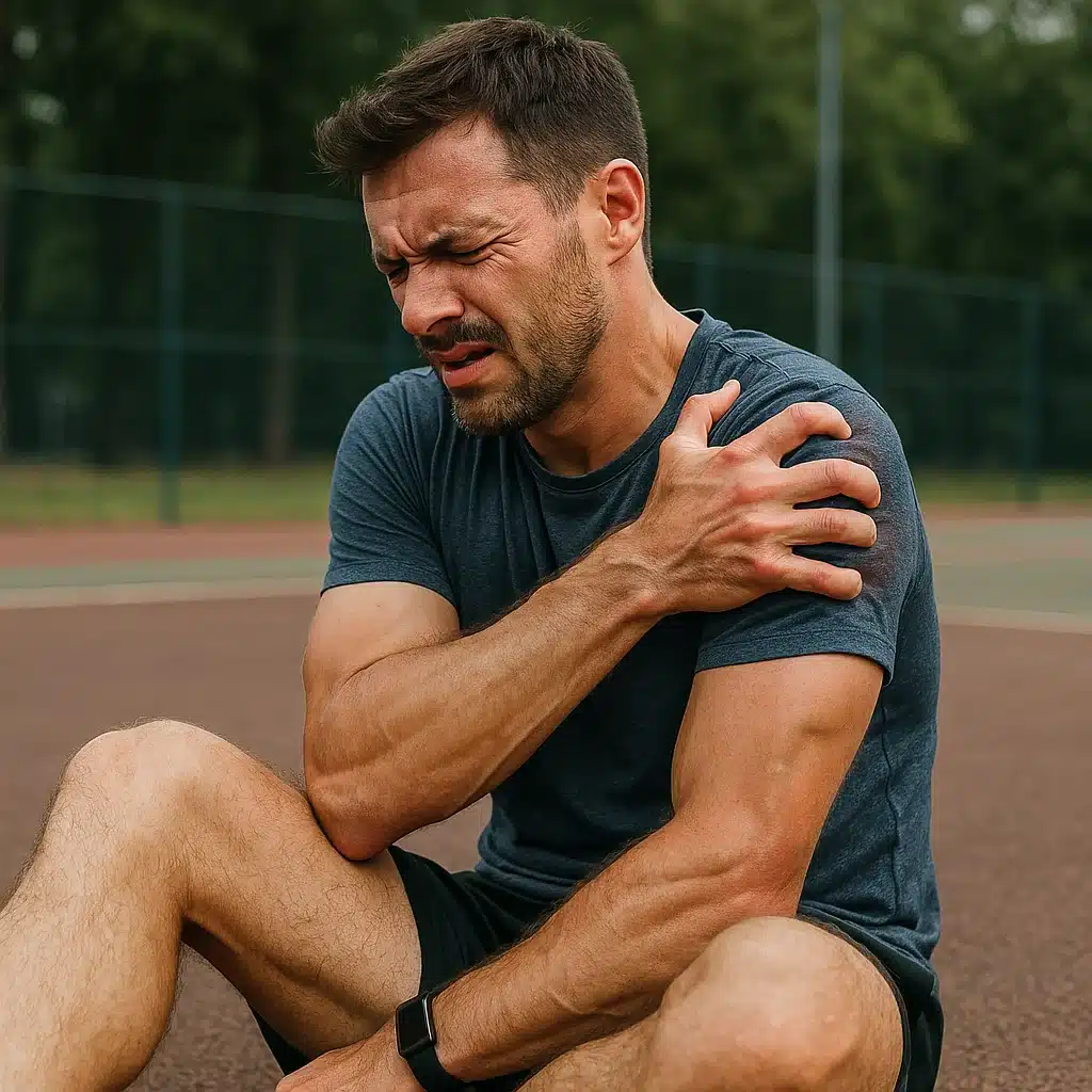 Homme sportif souffrant de courbatures assis sur une piste d'athlétisme, illustrant le besoin de récupération musculaire rapide après l'effort.