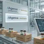 ALT="Vue de l'infrastructure logistique de pointe Nutrinative pour suppléments, optimisée par l'intelligence artificielle d'lAgence pour PME Industrielles, montrant une technicienne utilisant une interface de contrôle d'usine avec convoyeurs et robots."